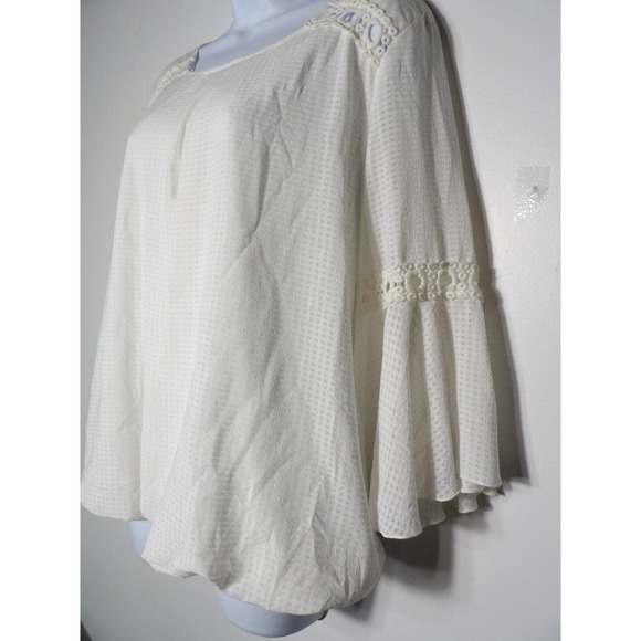 AB Studio Large Tunic Top White Boho Bell Sleeve Eyelet Lined Pleated Hippie Pea - Picture 3 of 11